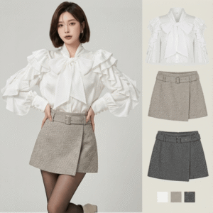 Set Combo Thời Trang Nữ: Áo Tay Bèo Nhún + Chân Váy Giả Quần Vạt Chéo