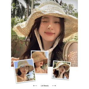 Mũ Cói Xinh Đi Biển Phong Cách Vintage Thêu Hoa Phối Ren Xinh Xắn