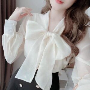 Áo sơ mi tơ gân cổ thắt nơ tiểu thư